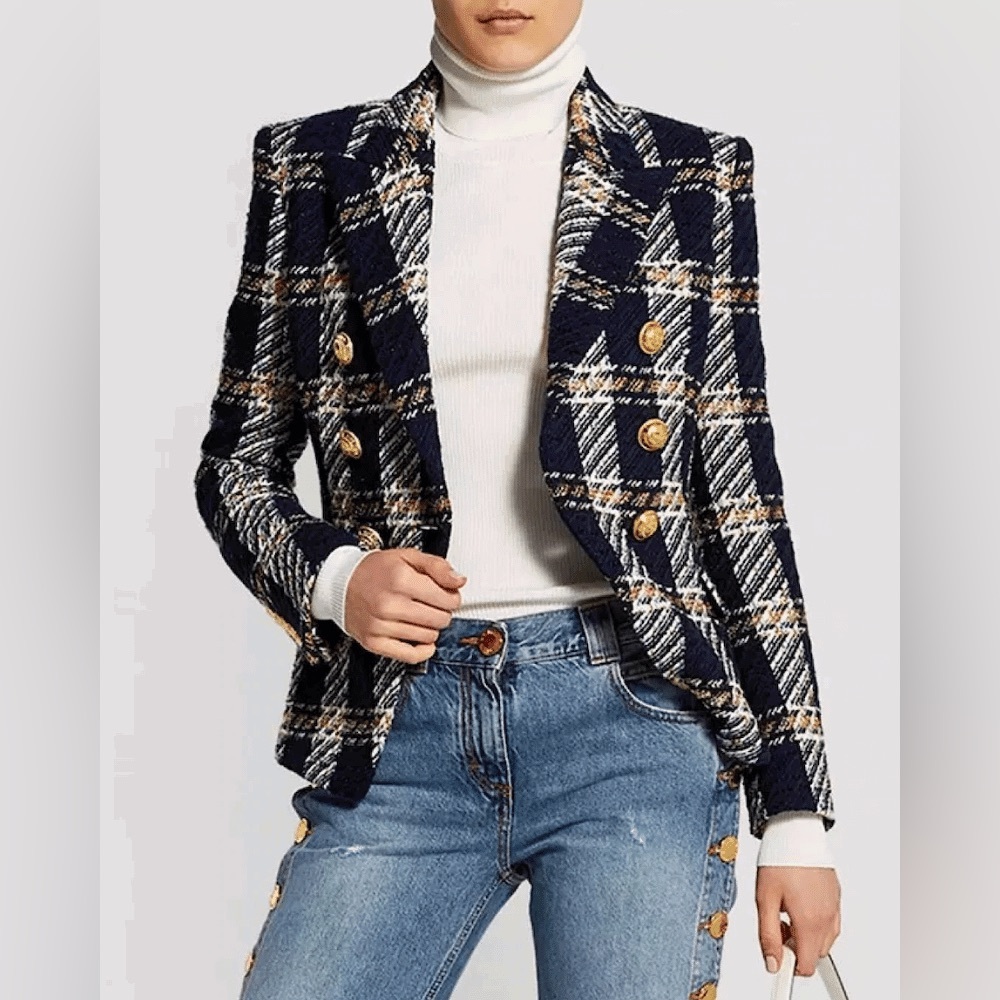 Chic Navy Plaid Double-Breasted Blazer with Gold Buttons